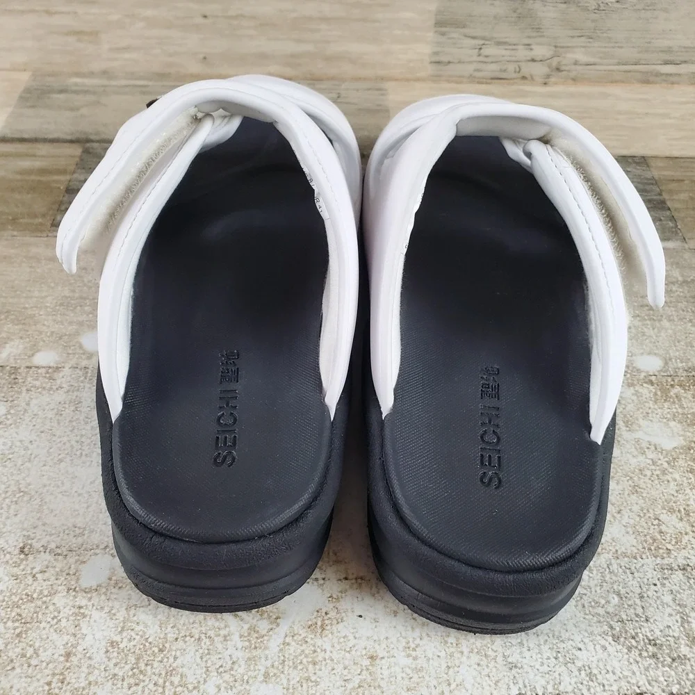 Seichi‎ Senko Mens Slide Sandals Sz 8 White Leather Double Strap Hook & Loop